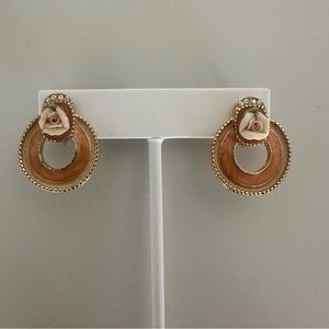 Vintage 1928 Clip On Earrings with Porcelain, Enamel, Rhinestone Accents in Gold